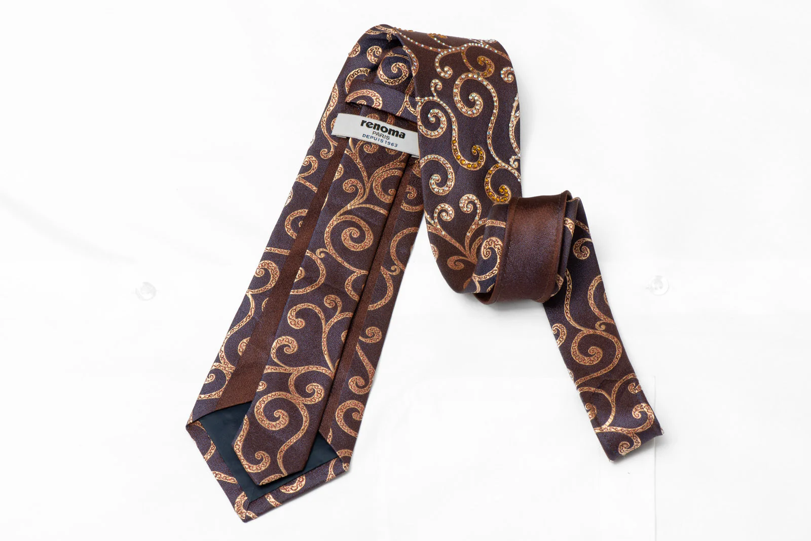 Gold Scrolls On Blue Rhinestone Tie With Red Sparkles - Image 3