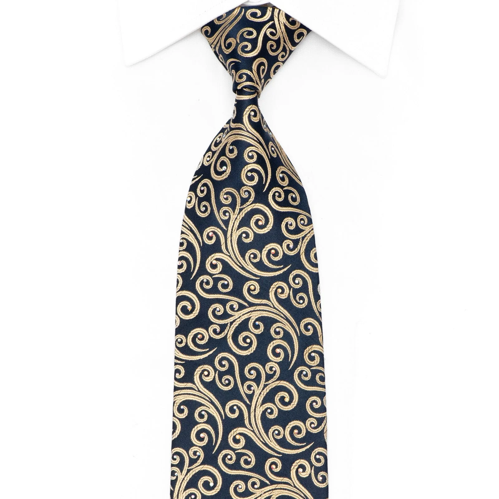 Gold Scrolls On Navy Blue Rhinestone Necktie With Gold Sparkles
