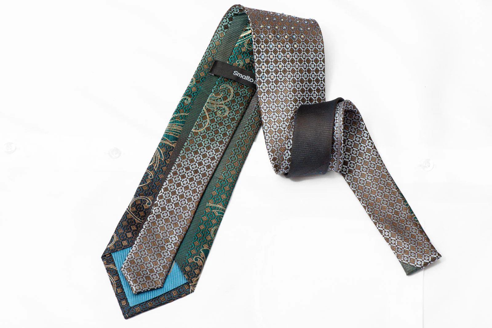 Gold Scrolls Teal Geometric On Brown Rhinestone Tie With Sparkles - Image 3