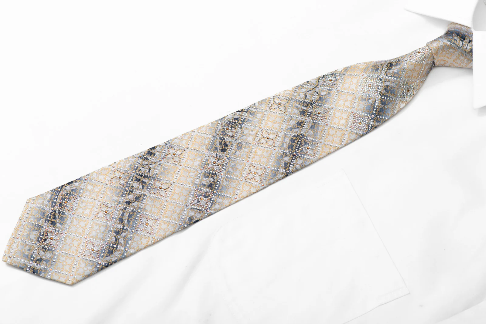 Gold Silver Cartouche On Silver Rhinestone Silk Necktie With Sparkles - Image 3