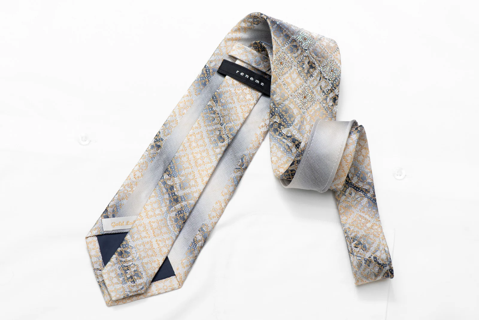Gold Silver Cartouche On Silver Rhinestone Silk Necktie With Sparkles - Image 5