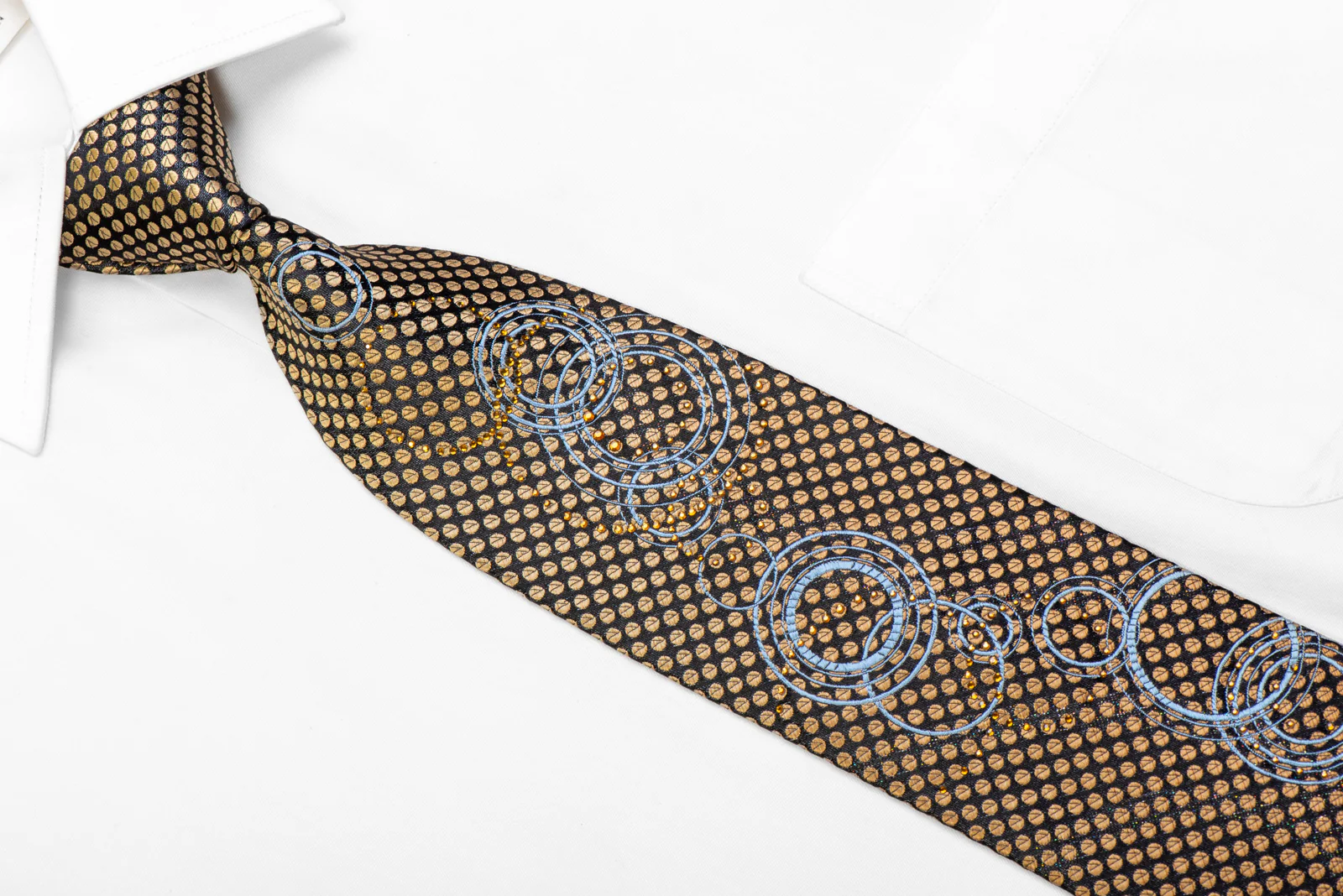 Gold Silver Geometric On Black Rhinestone Silk Necktie With Sparkles - Image 2
