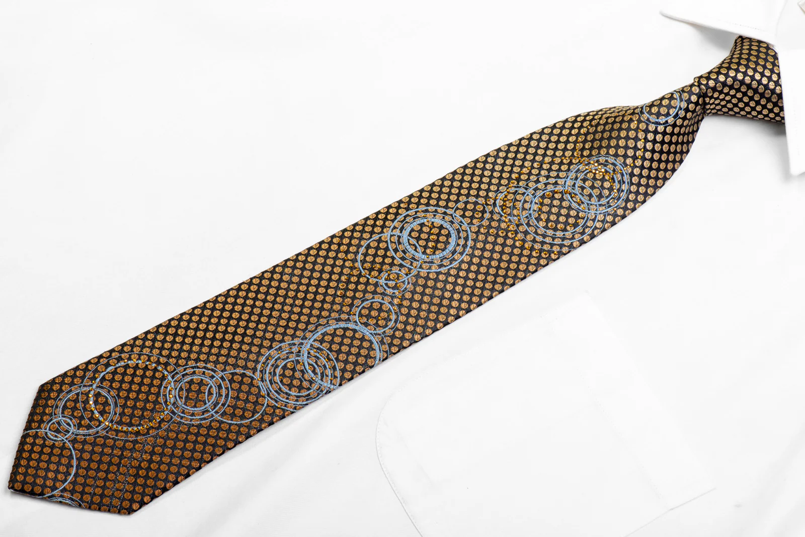 Gold Silver Geometric On Black Rhinestone Silk Necktie With Sparkles - Image 3