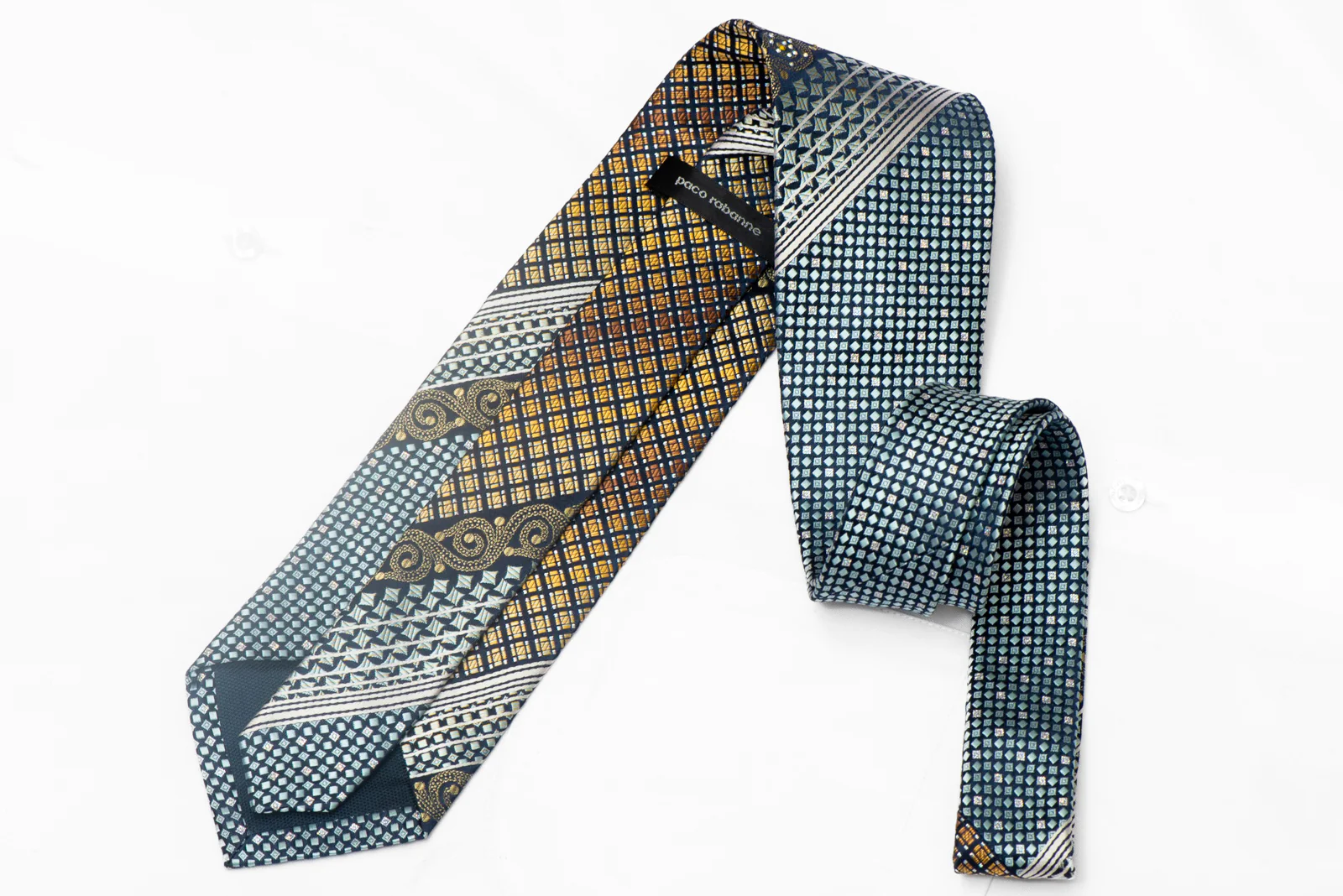 Gold Silver Geometric & Stripped On Navy Rhinestone Silk Tie With Sparkles - Image 3