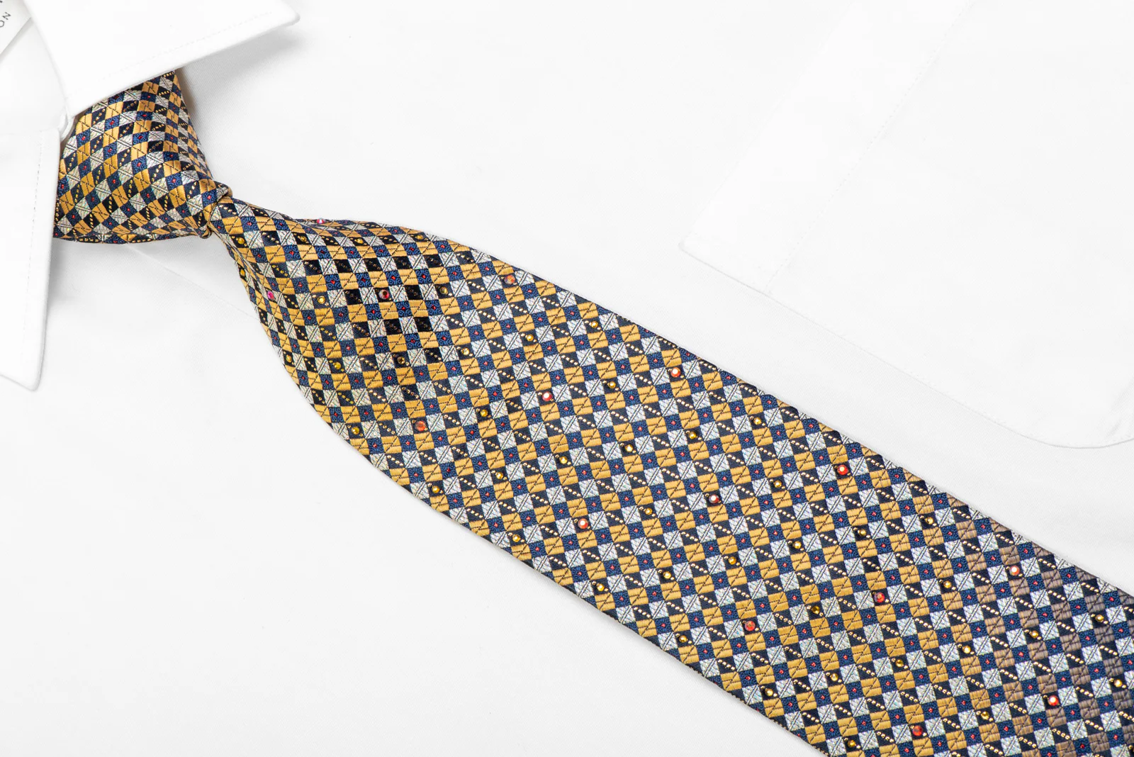Gold Silver Navy Checkered Rhinestone Necktie With Gold Sparkles - Image 2