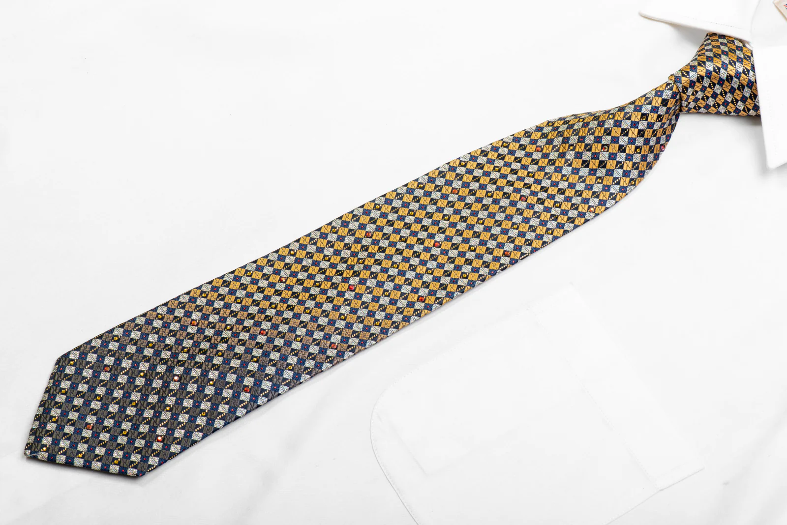 Gold Silver Navy Checkered Rhinestone Necktie With Gold Sparkles - Image 3