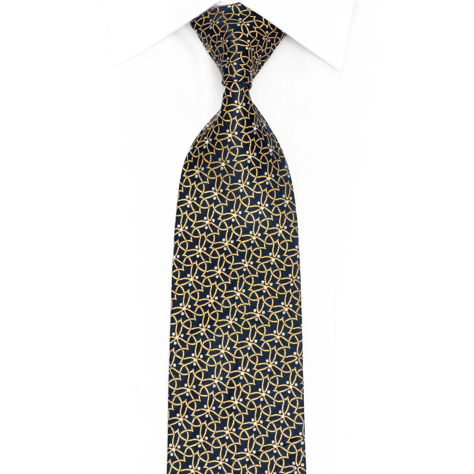 Gold Trellis On Navy Rhinestone Silk Tie With Gold Sparkles