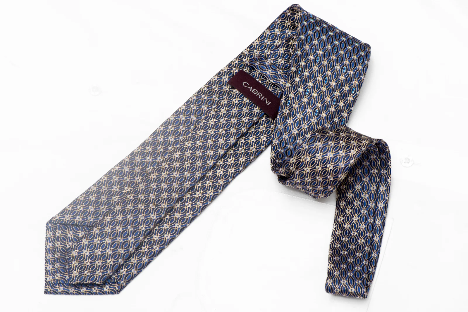 Gold Wave Pattern On Navy Blue Rhinestone Silk Necktie With Gold Sparkles - Image 4