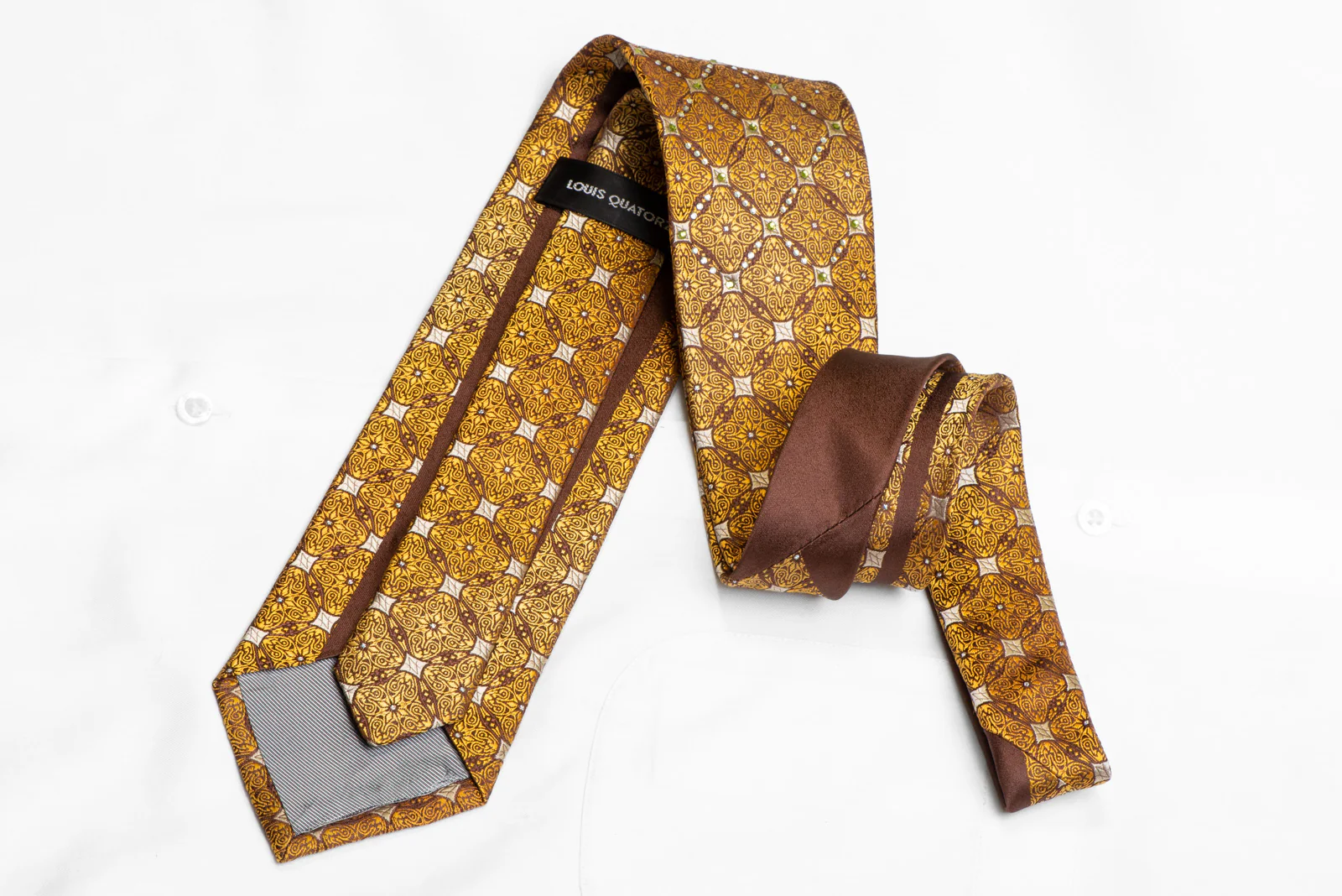 Gold Yellow Cartouche On Brown Rhinestone Silk Necktie With Sparkles - Image 4