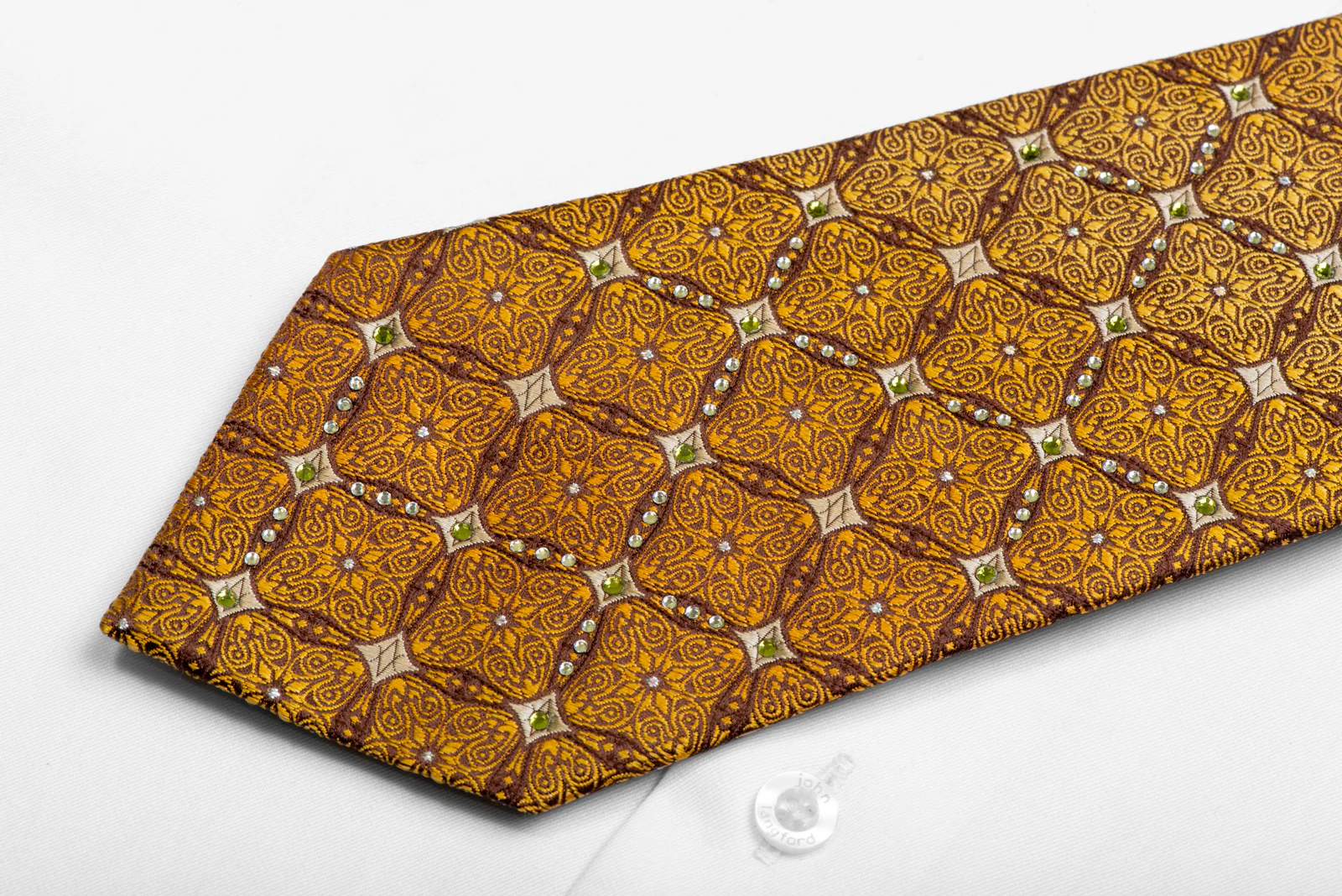 Gold Yellow Cartouche On Brown Rhinestone Silk Necktie With Sparkles - Image 5