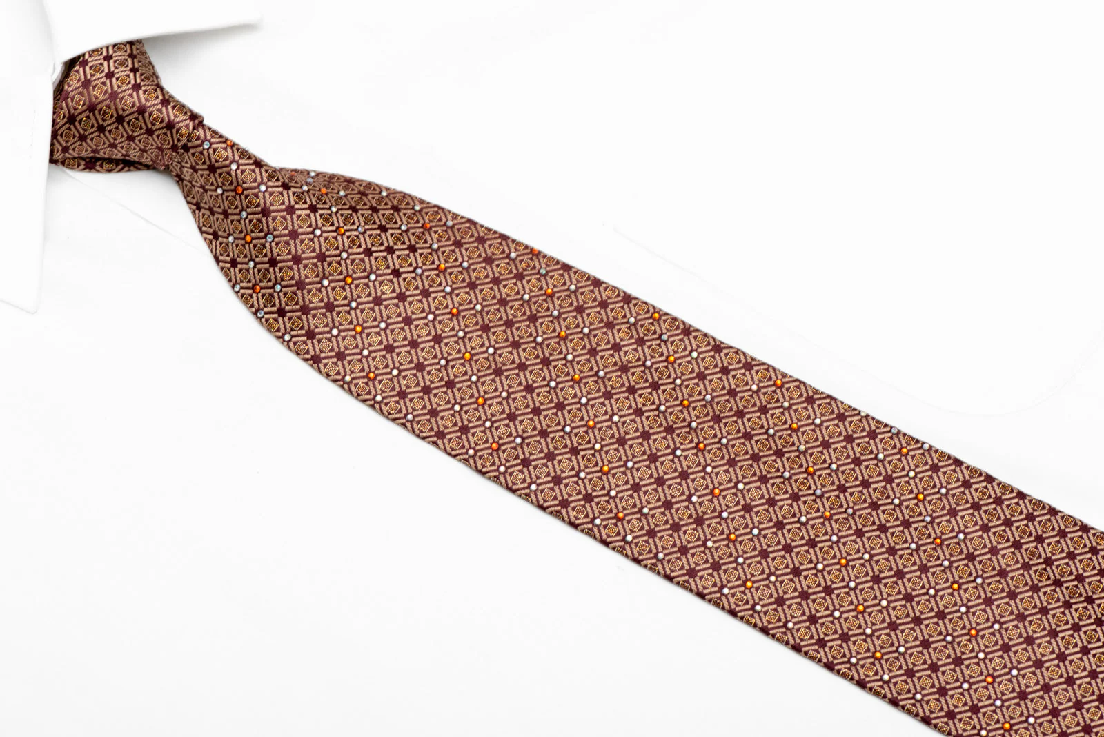 Golden Geometric Design On Burgundy Rhinestone Silk Tie With Sparkles - Image 2