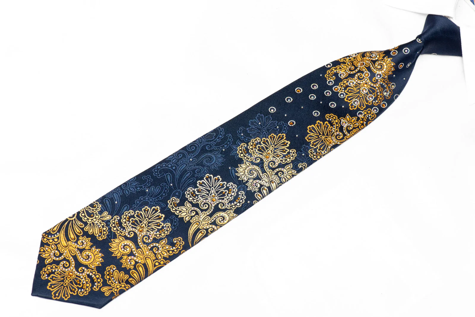 Golden Yellow Anthemion On Navy Rhinestone Silk Tie With Silver Sparkles - Image 2