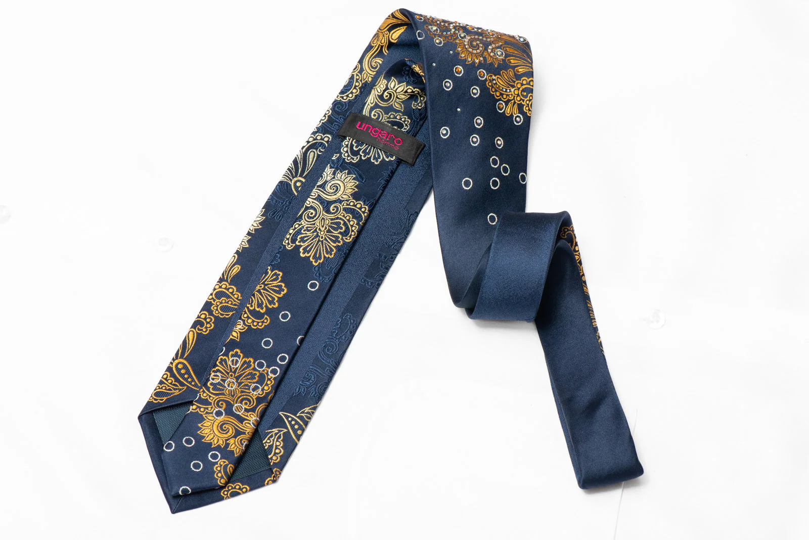 Golden Yellow Anthemion On Navy Rhinestone Silk Tie With Silver Sparkles - Image 3