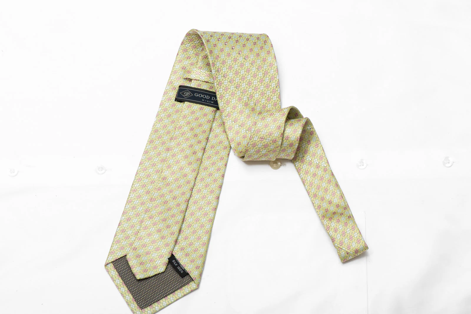 Pink Geometric On Pale Green Rhinestone Silk Necktie - Image 4