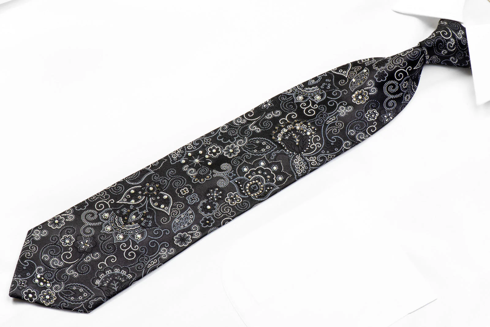 Grand Jour Black Silk Tie Silver Anthemion On Black With Rhinestones - Image 3