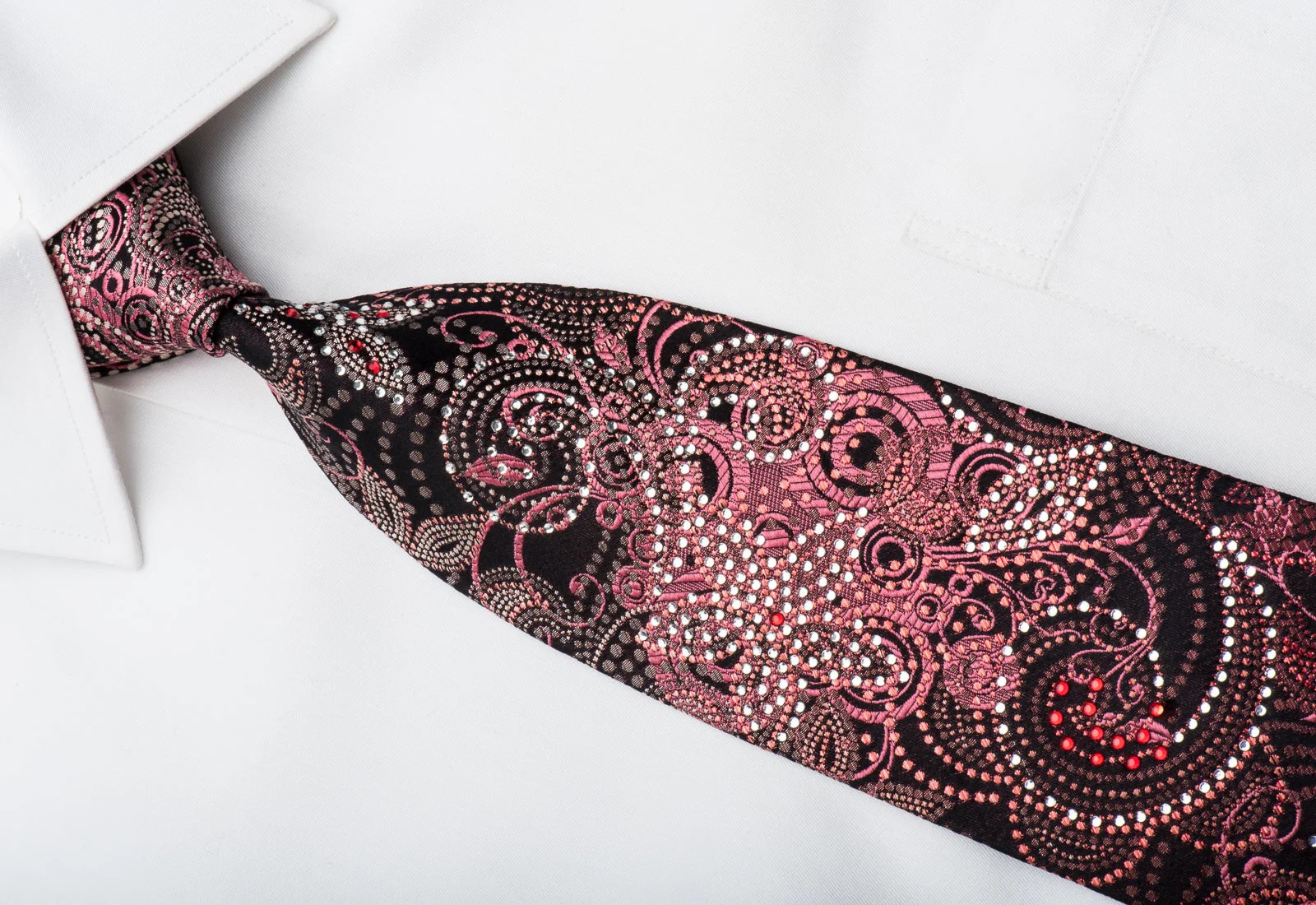 Grand Jour Mens Crystal Necktie Burgundy Floral On Black With Red Sparkles - Image 2