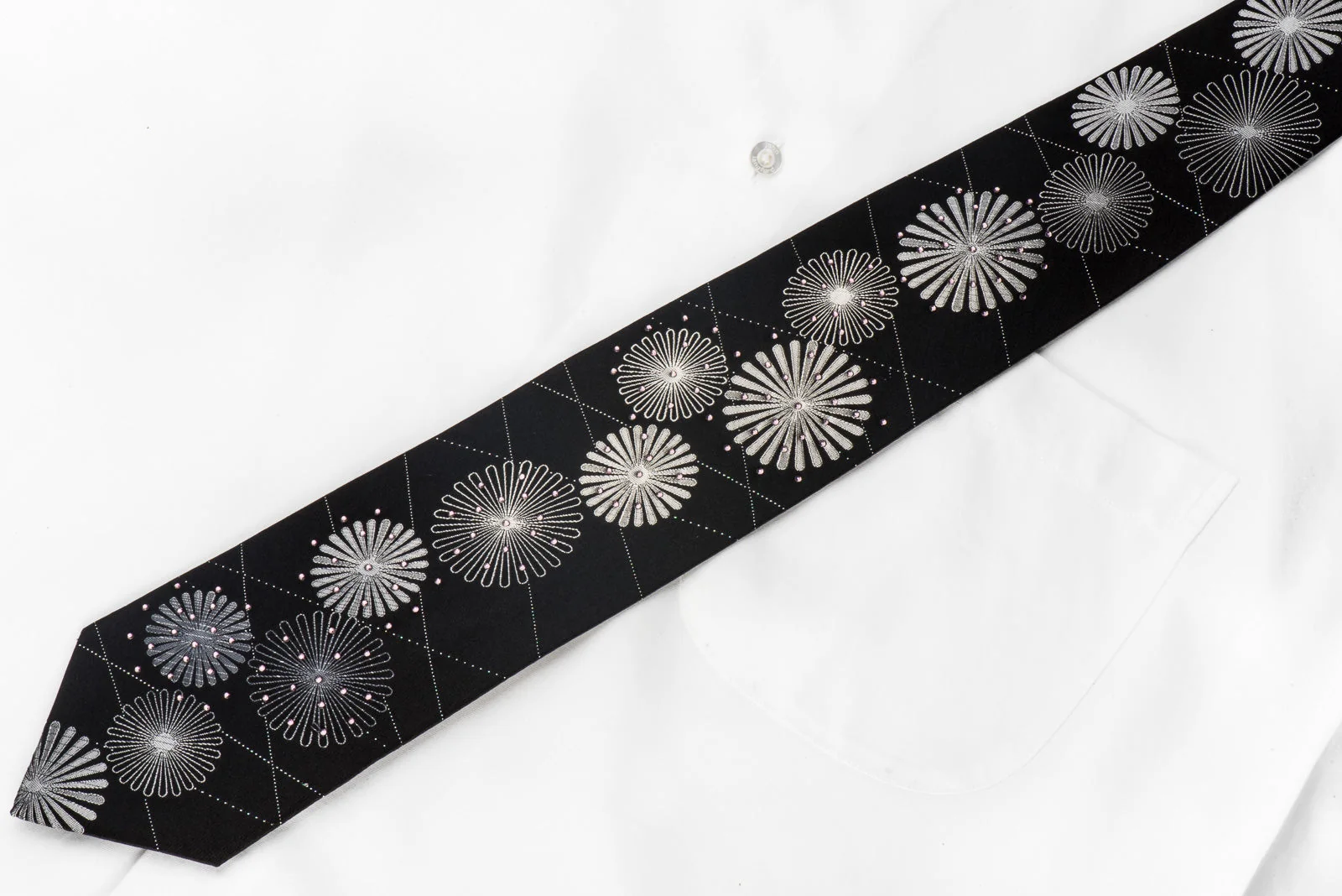 Grand Jour Men's Crystal Necktie Silver Medallions On Black With Silver Sparkles - Image 4