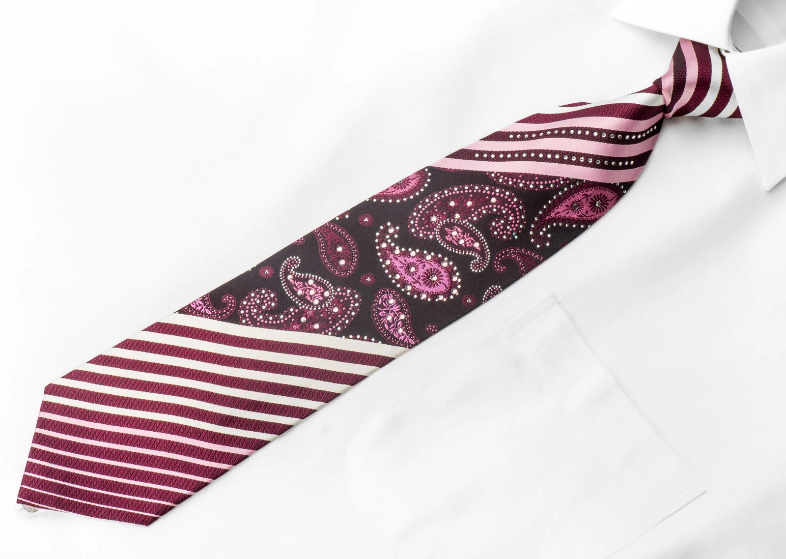 Grand Jour Men's Crystal Rhinestone Silk Necktie Striped Paisley On Purple With Sparkles - Image 2