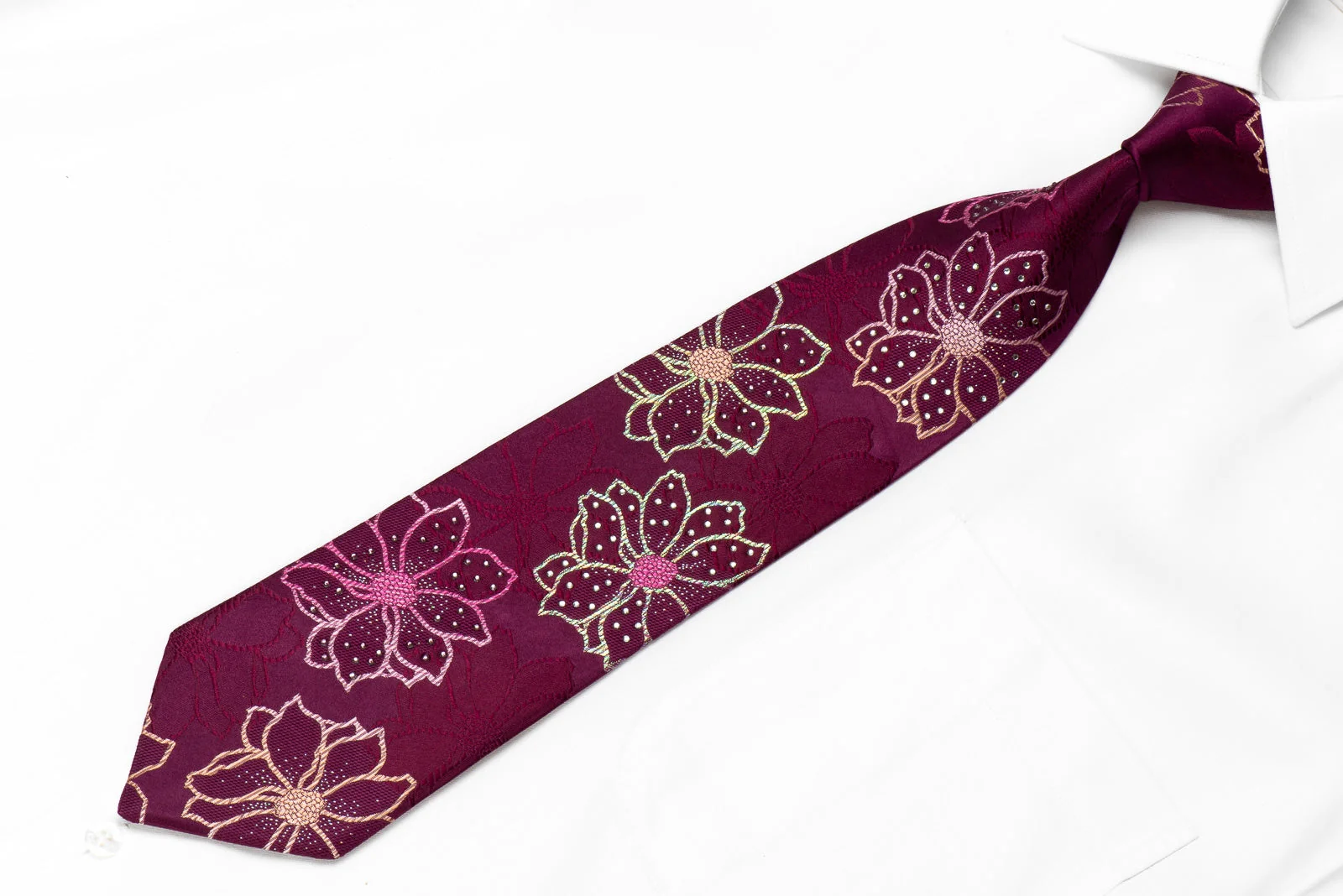 Grand Jour Men's Crystal Rhinestone Silk Tie Floral On Purple With Silver Sparkles - Image 2
