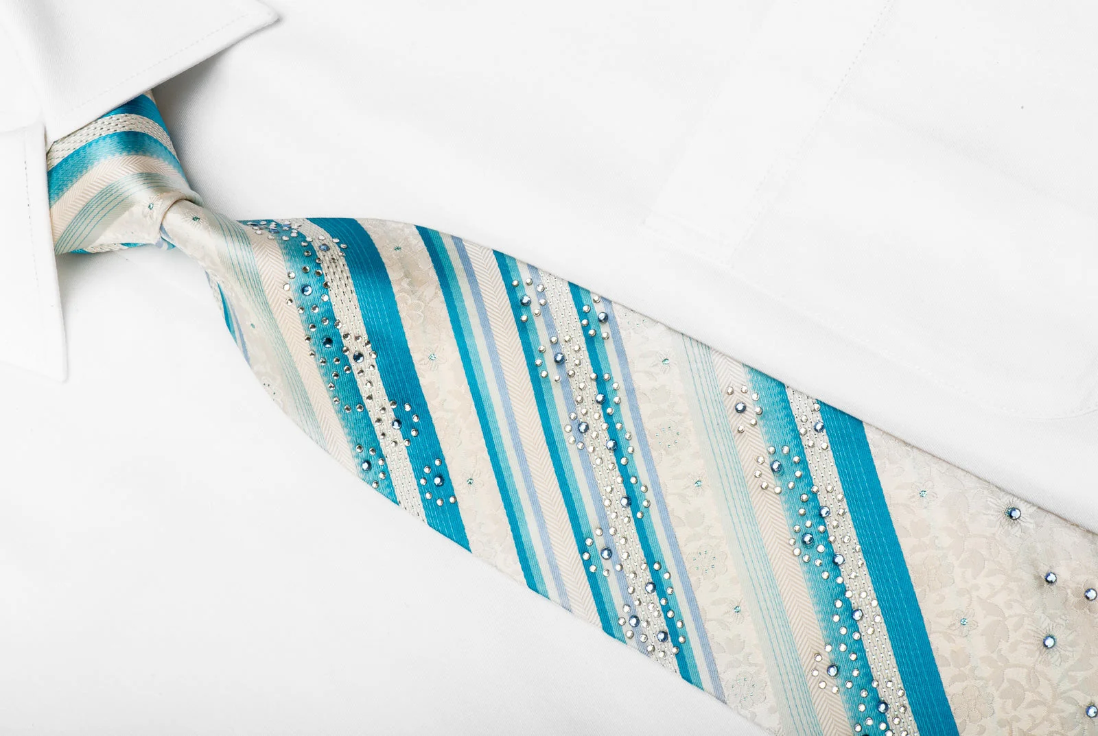 Grand Jour Men's Crystal Silk Tie Blue Striped On White Floral With Blue Sparkles - Image 3