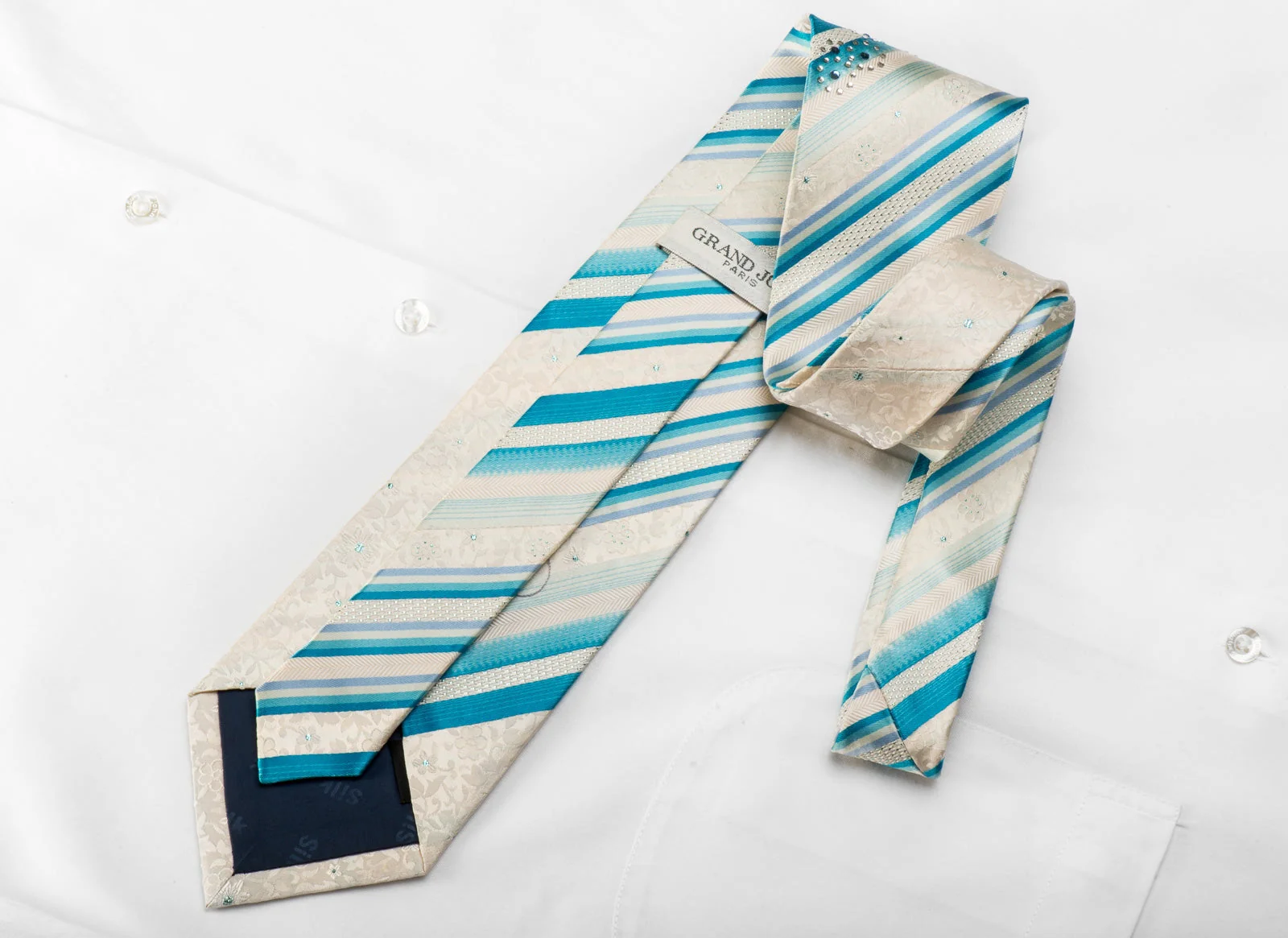 Grand Jour Men's Crystal Silk Tie Blue Striped On White Floral With Blue Sparkles - Image 4