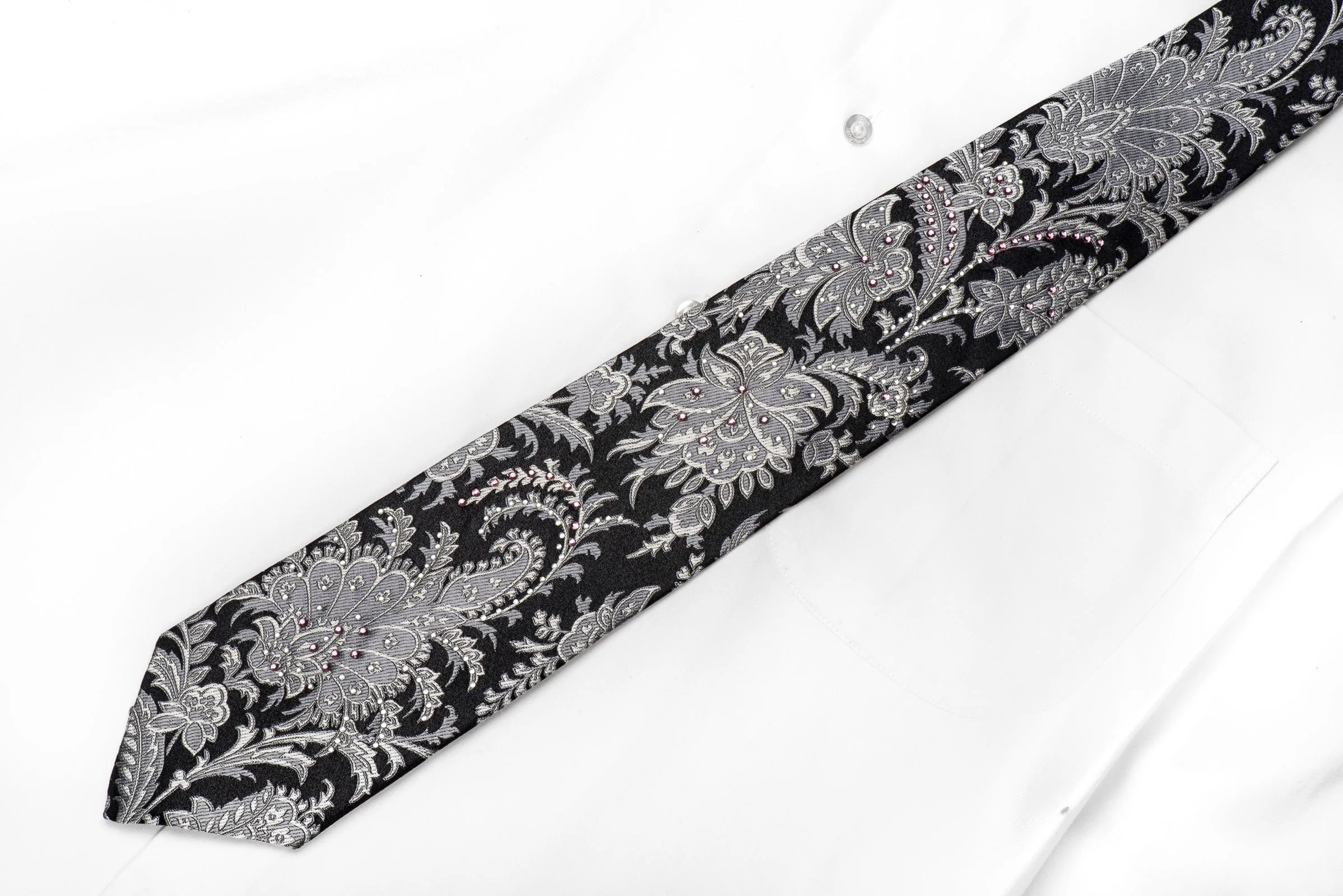 Grand Jour Men's Crystal Silk Tie Silver Anthemion On Black - Image 5