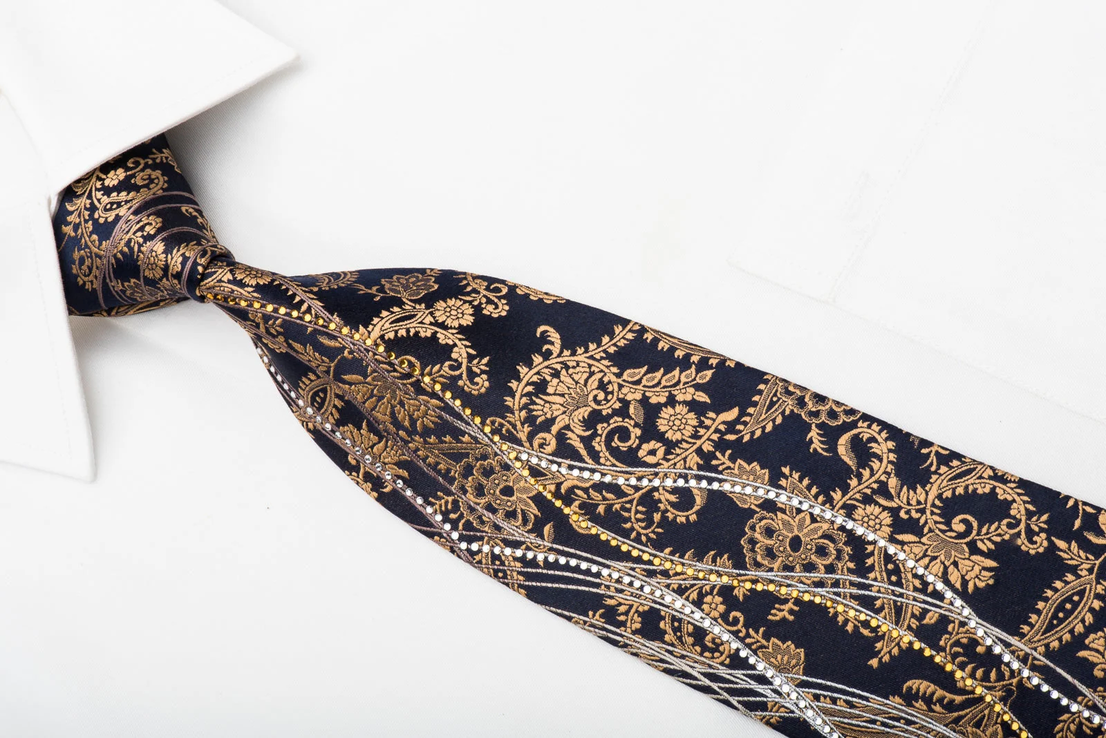 Grand Jour Men's Rhinestone Necktie Gold Anthemion On Navy Silk - Image 5