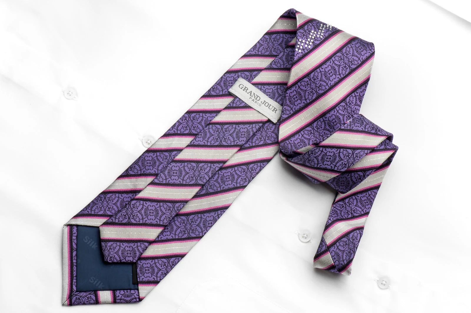 Grand Jour Men's Rhinestone Silk Necktie Silver Mauve Striped With Sparkles - Image 4