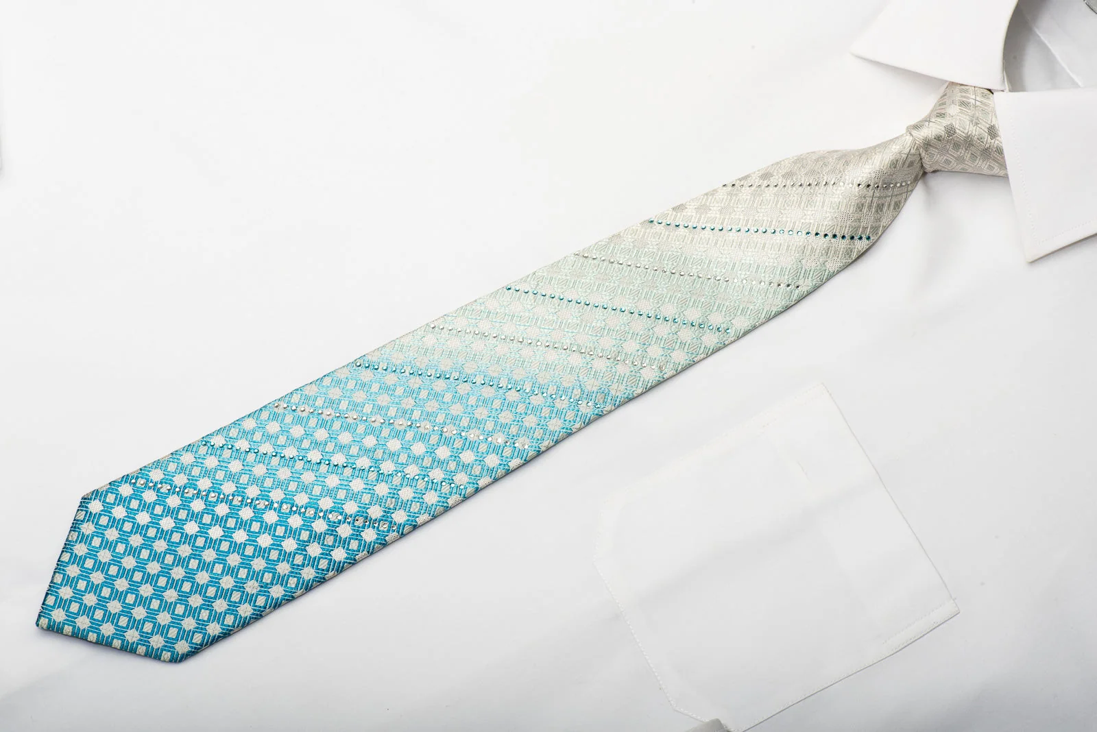 Grand Jour Mens Silk Necktie Blue Checkered On White Sparkling With Crystal Rhinestones - Image 4