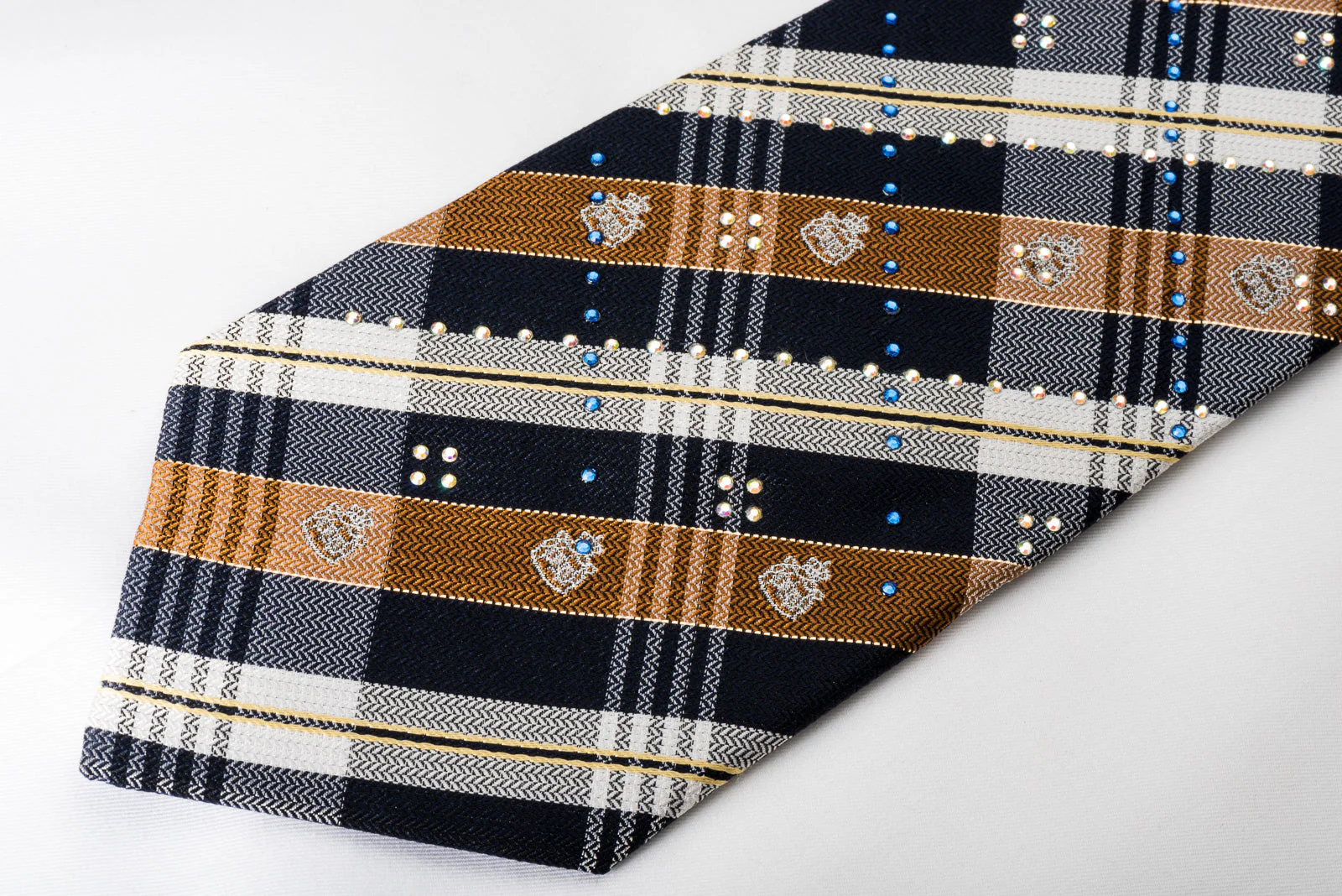 Grand Jour Rhinestone Silk Necktie Brown Blue Plaids With Silver Sparkles - Image 2