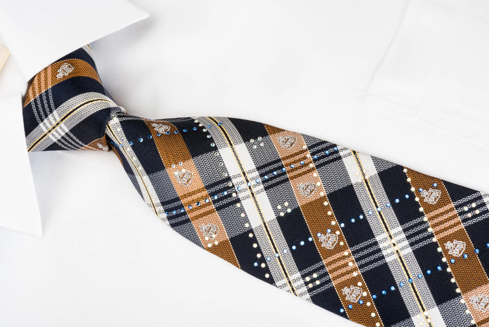 Grand Jour Rhinestone Silk Necktie Brown Blue Plaids With Silver Sparkles - Image 3