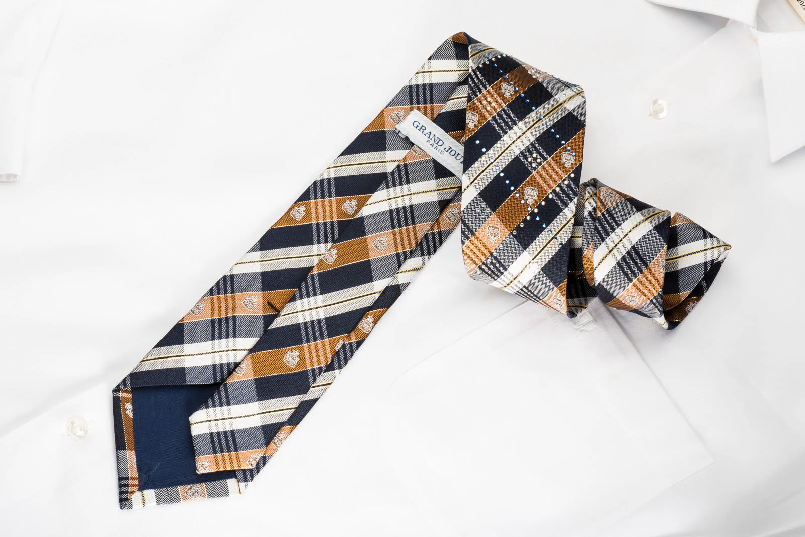 Grand Jour Rhinestone Silk Necktie Brown Blue Plaids With Silver Sparkles - Image 6