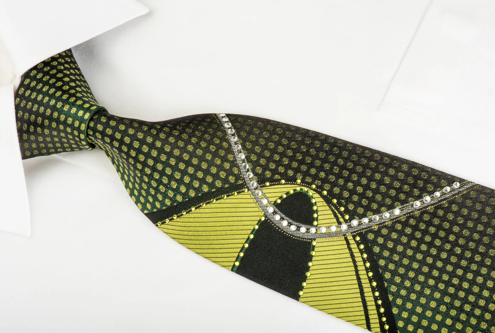 Grand Jour Rhinestone Silk Necktie Green Dots On Black With Sparkles - Image 3