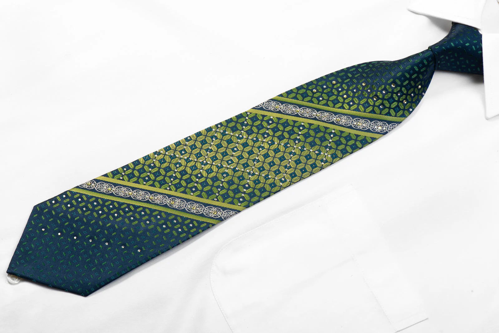 Grand Jour Rhinestone Silk Necktie Green Geometric On Blue With Sparkles - Image 3