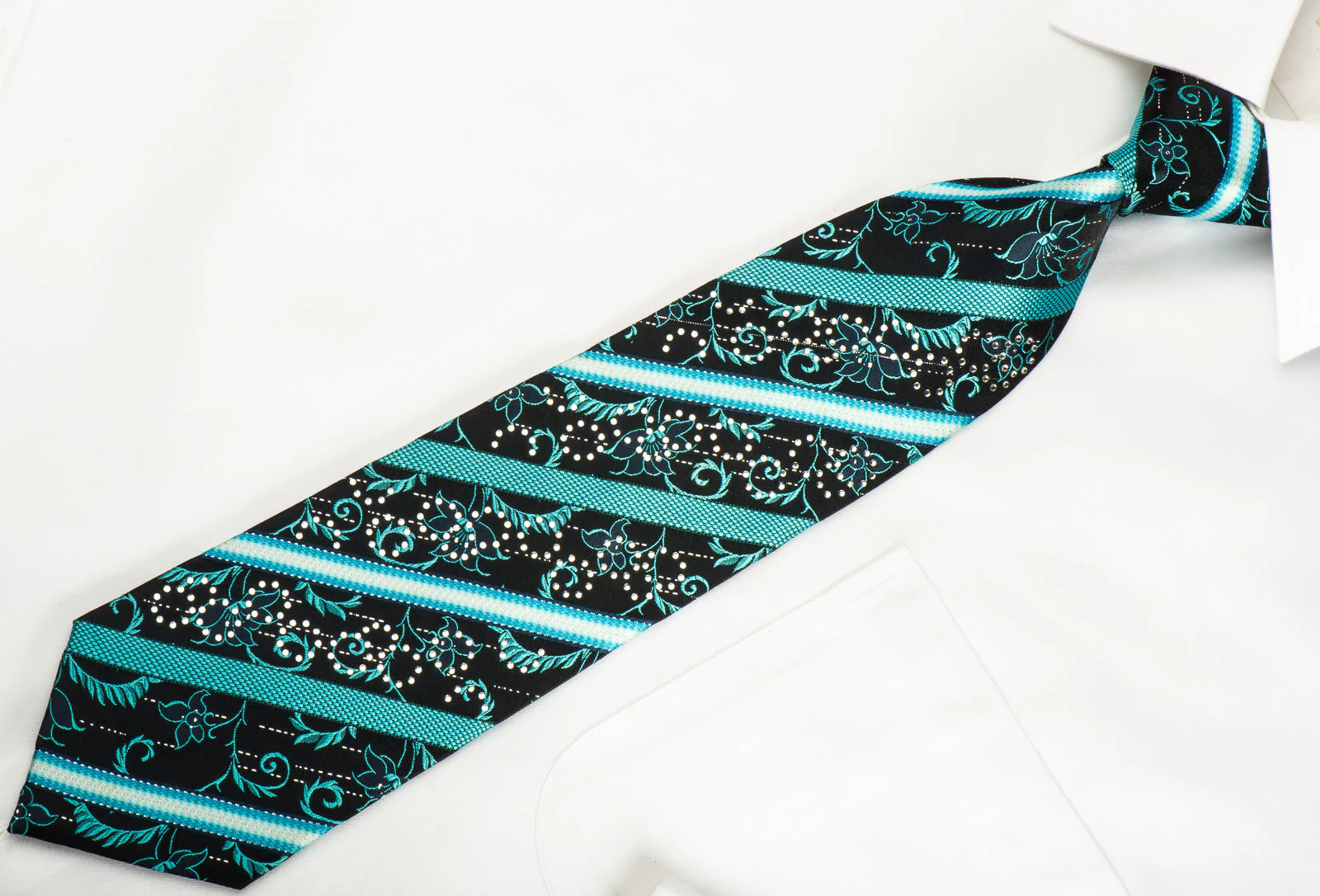 Grand Jour Rhinestone Silk Necktie Turquoise Striped On Dark Blue With Sparkles - Image 2
