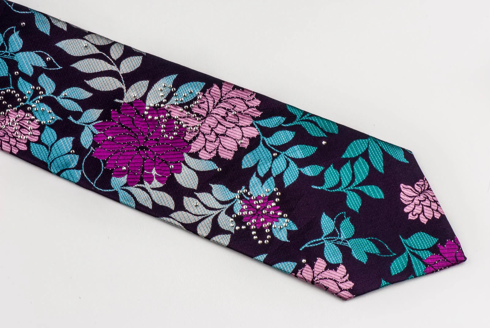 Grand Jour Silk Necktie Blue Pink Floral Design On Purple With Rhinestones - Image 6