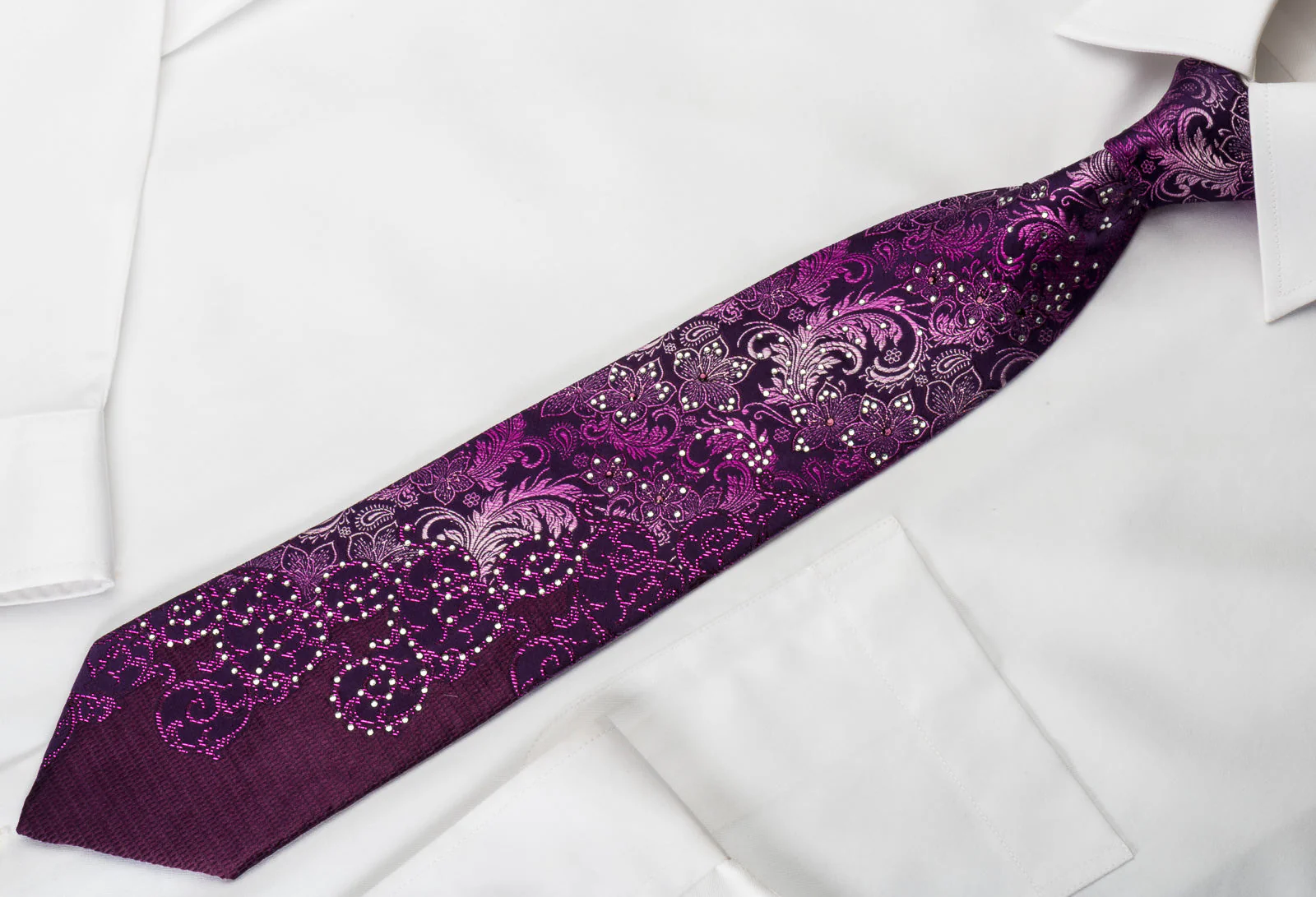 Grand Jour Silk Rhinestone Necktie Floral On Purple With Purple Sparkles - Image 5