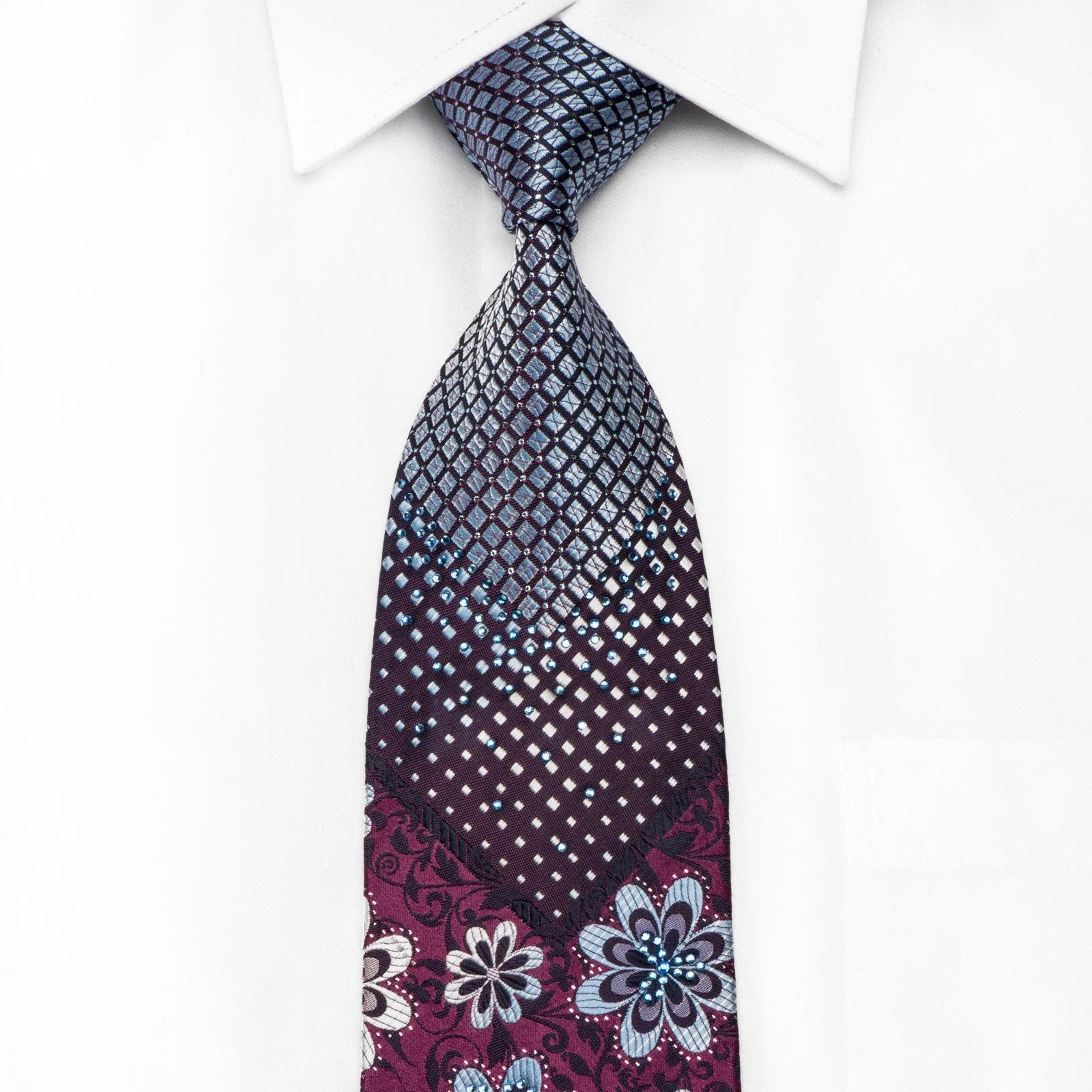 Grang Cia Men's Crystal Silk Necktie Silver Blue Geometric Floral On Purple With Sparkles
