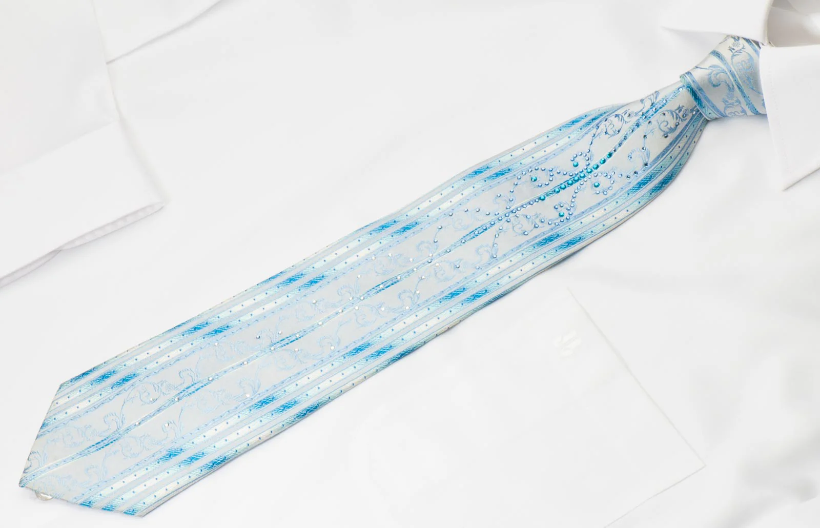 Grang Cia Men's Rhinestone Silk Necktie Blue Stripes & Scrolls With Blue Sparkles - Image 2