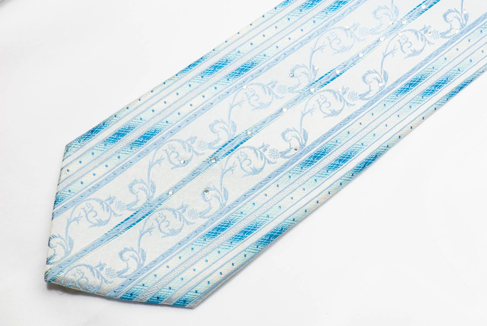 Grang Cia Men's Rhinestone Silk Necktie Blue Stripes & Scrolls With Blue Sparkles - Image 3