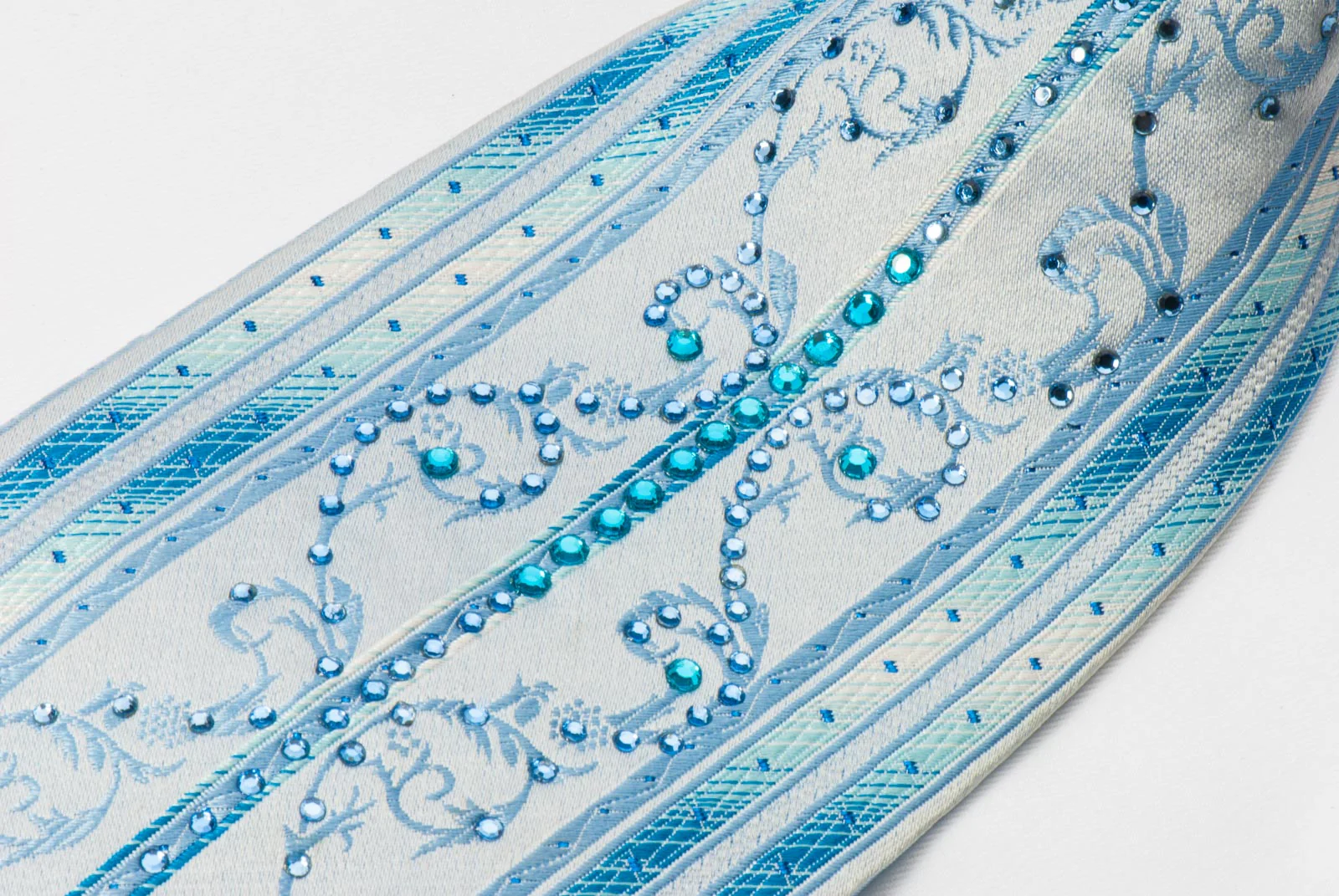Grang Cia Men's Rhinestone Silk Necktie Blue Stripes & Scrolls With Blue Sparkles - Image 5
