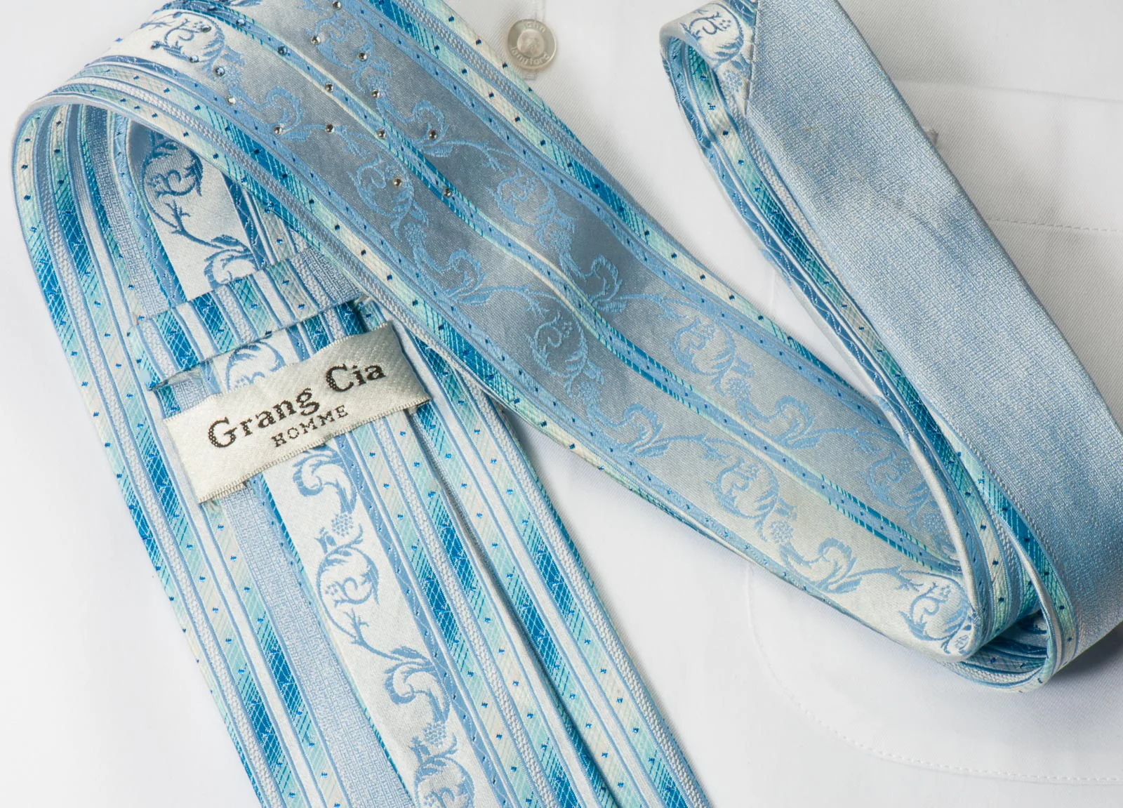 Grang Cia Men's Rhinestone Silk Necktie Blue Stripes & Scrolls With Blue Sparkles - Image 6