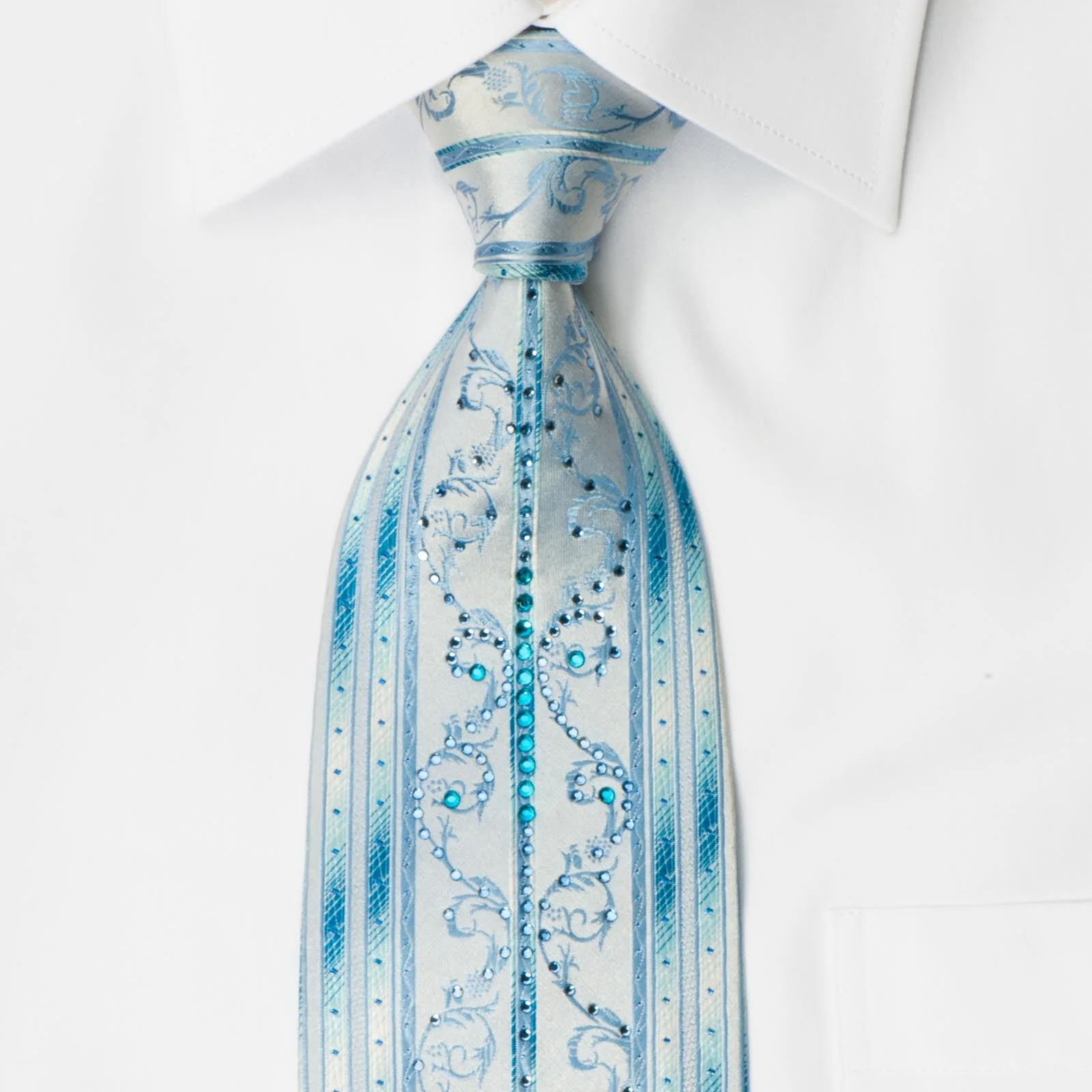 Grang Cia Men's Rhinestone Silk Necktie Blue Stripes & Scrolls With Blue Sparkles - Image 7