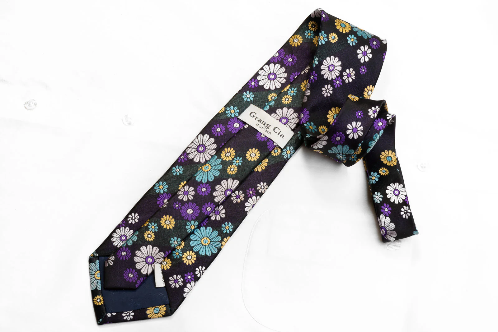 Grang Cia Men's Rhinestone Silk Necktie Floral On Navy With Sparkles - Image 4