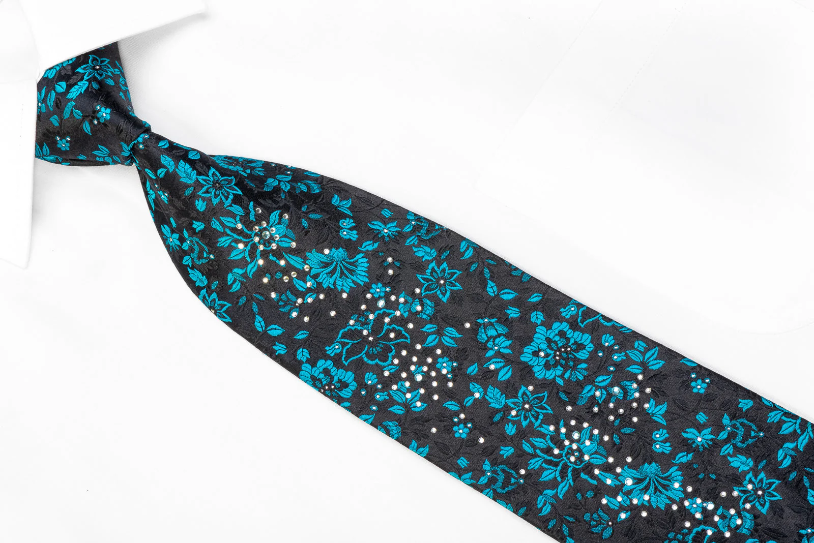 Grang Cia Men's Silk Rhinestone Necktie Blue Floral On Black With Sparkles - Image 2