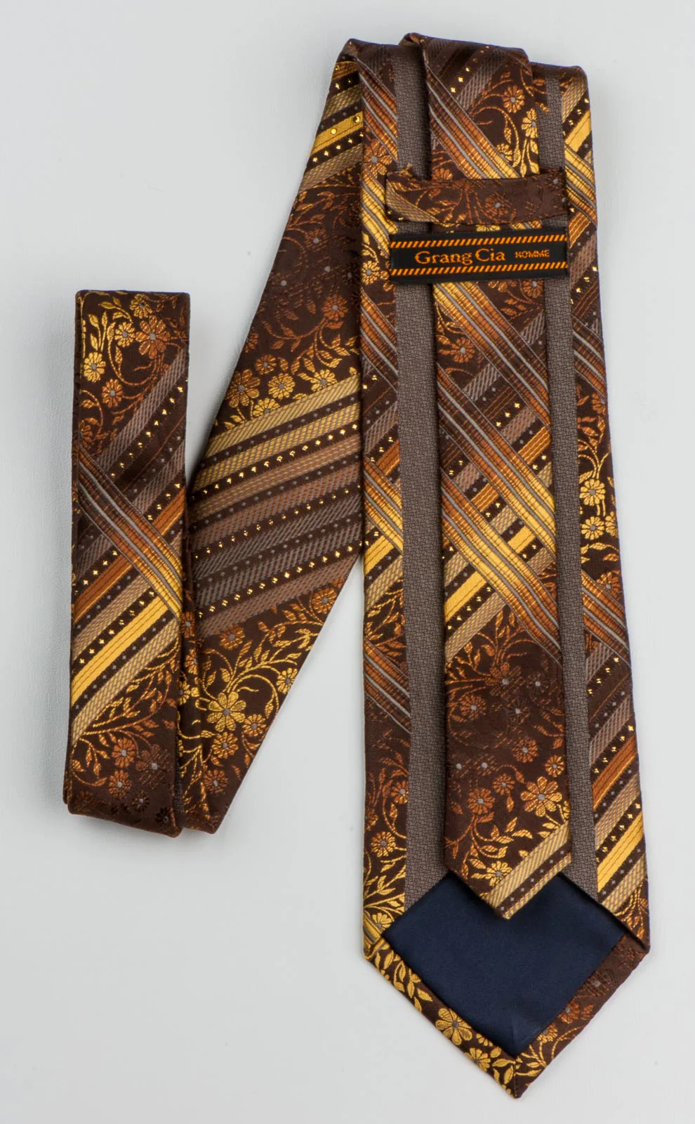 Grang Cia Men's Silk Rhinestone Tie Yellow Beige Floral & Stripes On Brown - Image 3