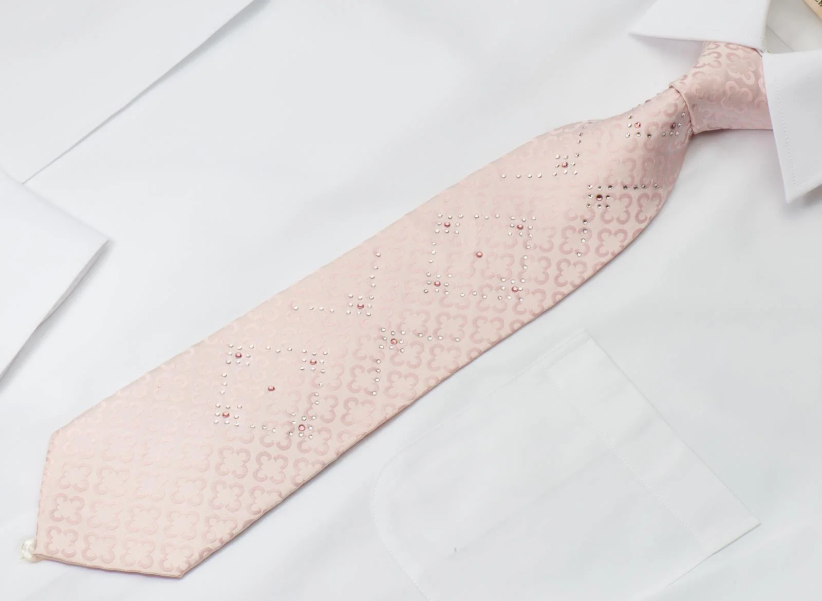 Grang Cia Men's Woven Silk Rhinestone Tie Quatrefoil On Pink - Image 6