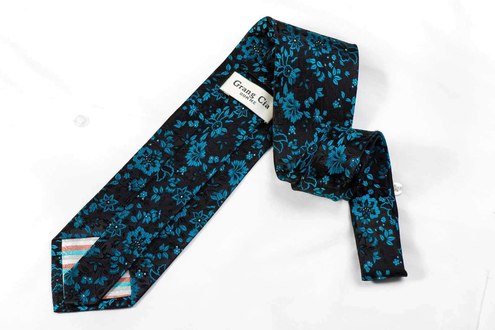 Grang-Cia Mens Crystal Silk Necktie Blue Floral On Black With Silver Sparkles - Image 4