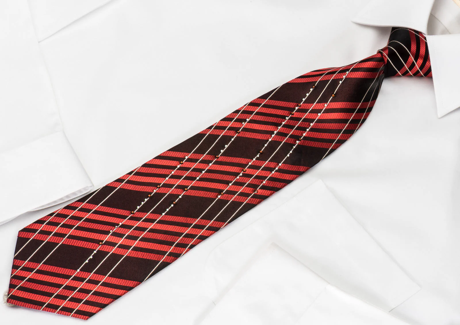 Grang Cia Rhinestone Silk Necktie Red Silver Stripes On Black With Silver Sparkles - Image 3