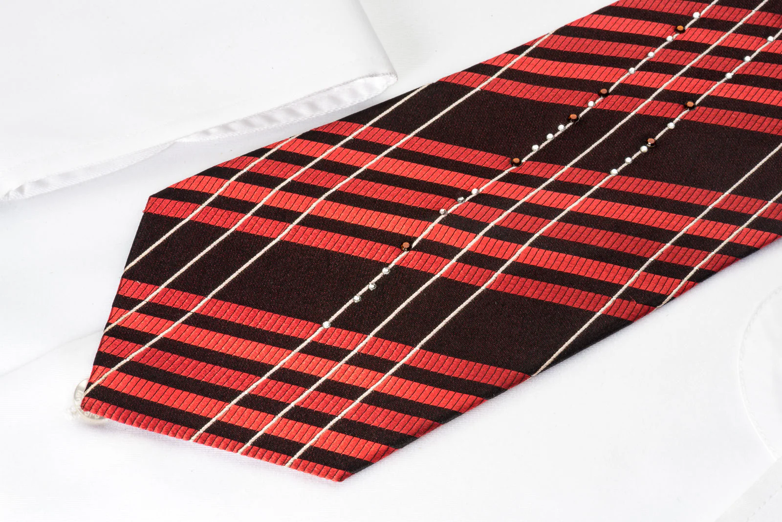 Grang Cia Rhinestone Silk Necktie Red Silver Stripes On Black With Silver Sparkles - Image 5